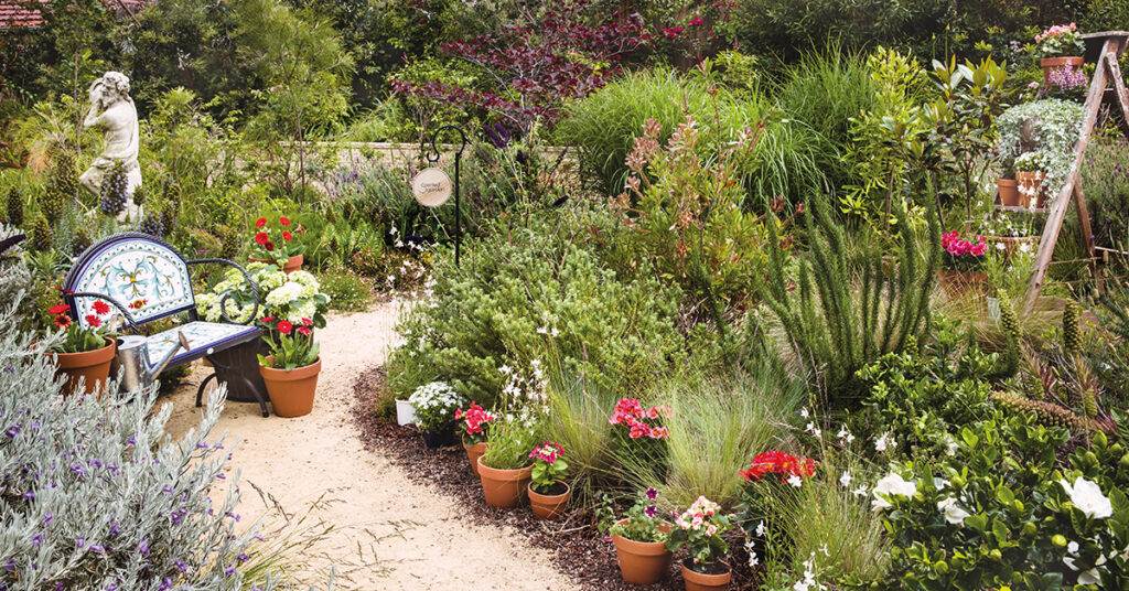 A lush, sunlit garden path at The Botanica Vaucluse filled with dense green shrubs, grasses, and blooming flowers in terracotta pots. A decorative tile-back bench sits on the left side of the gravel trail near a classical stone statue.